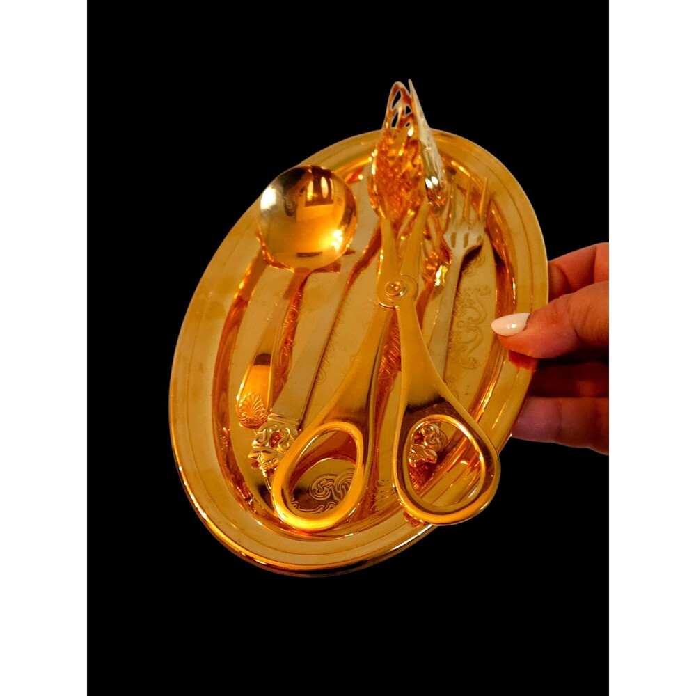 Vtg 50th Anniversary Gorham Gold Serving Set, 5-Piece Gold Plated Tray Utensils
